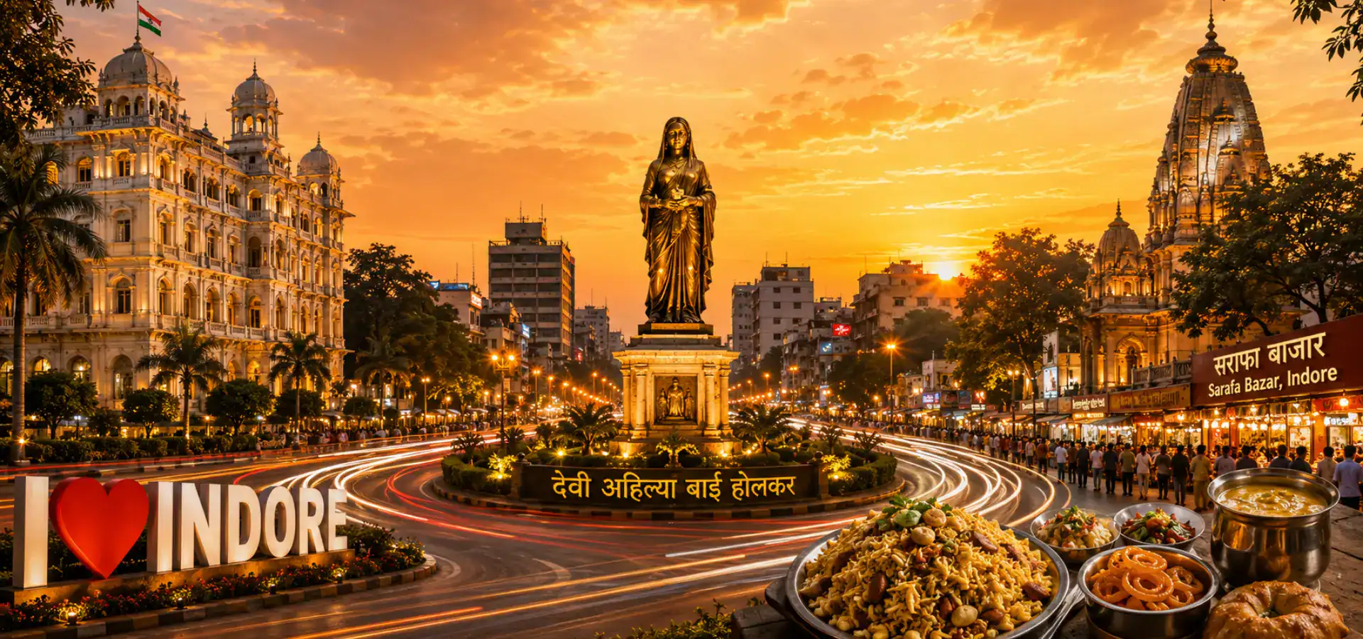 Indore skyline, Rajwada and Sarafa Bazaar at sunset